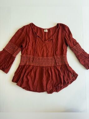 O'Neill Rust Red Boho Lace-Trim Peasant Blouse XS